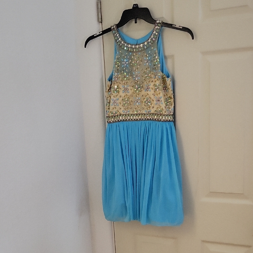 Beaded Illusion Bodice Sky Blue Prom Dress